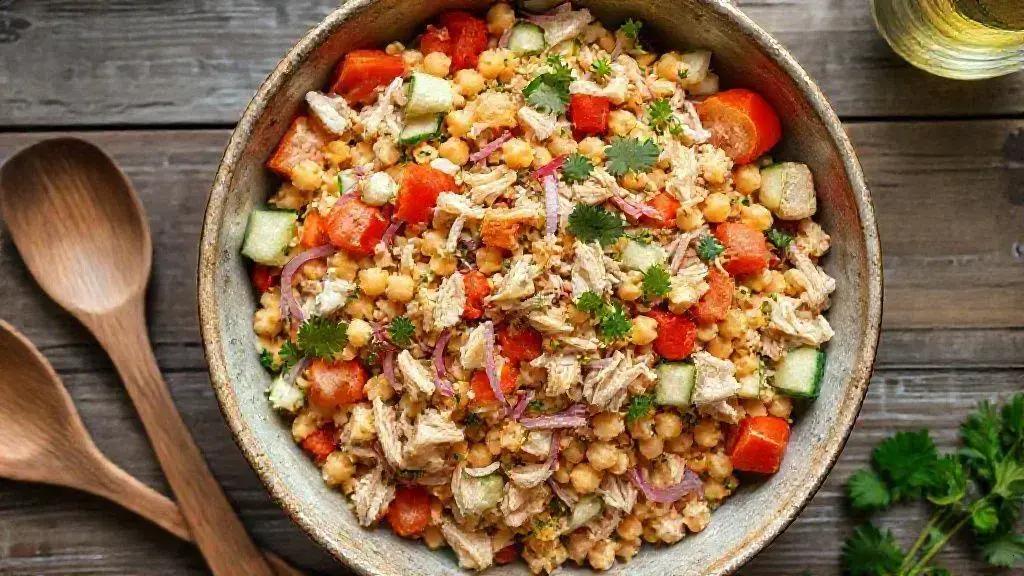 Salada de grao de bico com frango refrescante leve e cheia de proteina 1 salada de grão de bico com frango