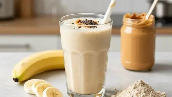Smoothie proteico de banana com whey e pasta de amendoim: pós-treino rápido e nutritivo 1 smoothie proteico de banana com whey