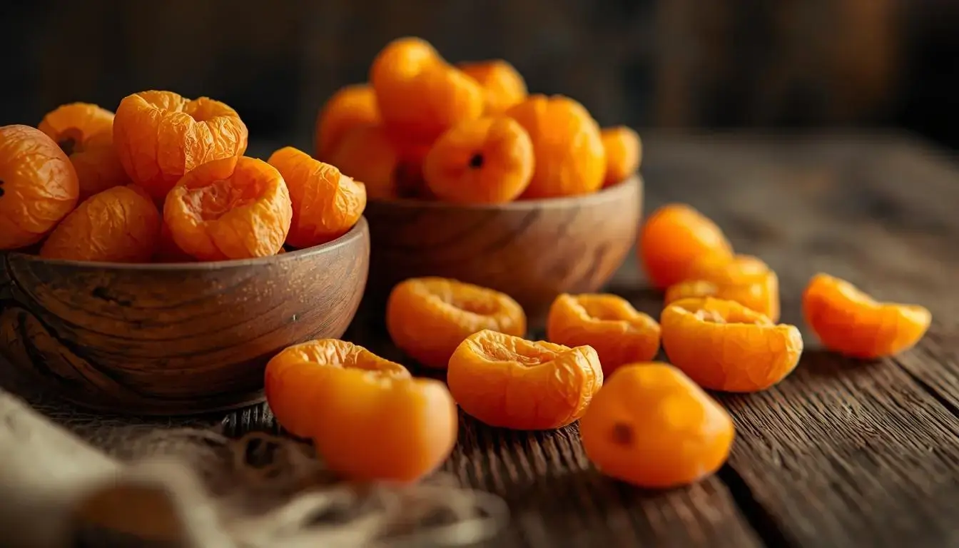 Top 6 Damasco Seco Turco 2026: Xroots, Mundo Nutri, Wenutri, Vale Fértil, Brasil Frutt e Mais 1 Damasco turco suculento de alta qualidade em uma mesa de madeira